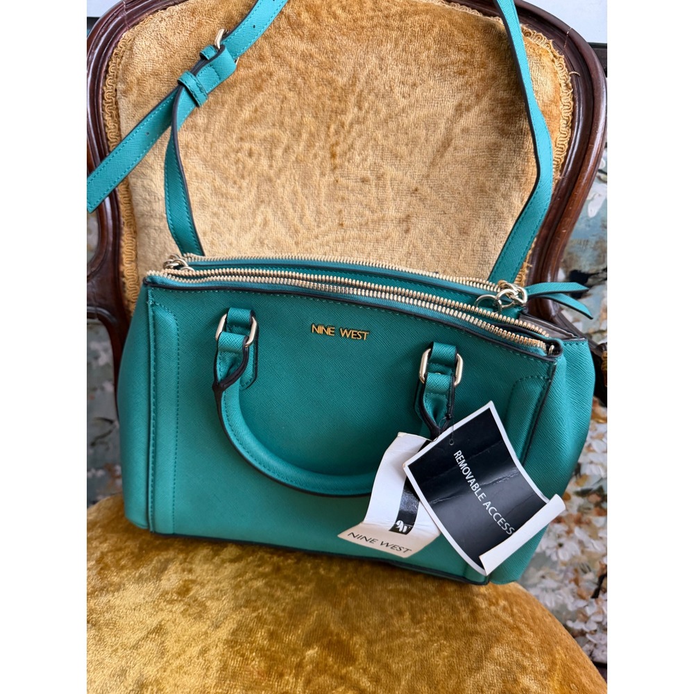 Nine West Teal Green Saffiano Satchel Crossbody Bag Triple Compartment NWT